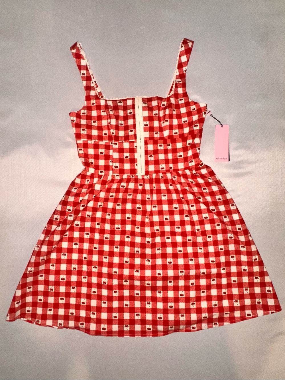Avec Les Filles Cherry Gingham Fit n Flare Mini Dress with Lace Accents